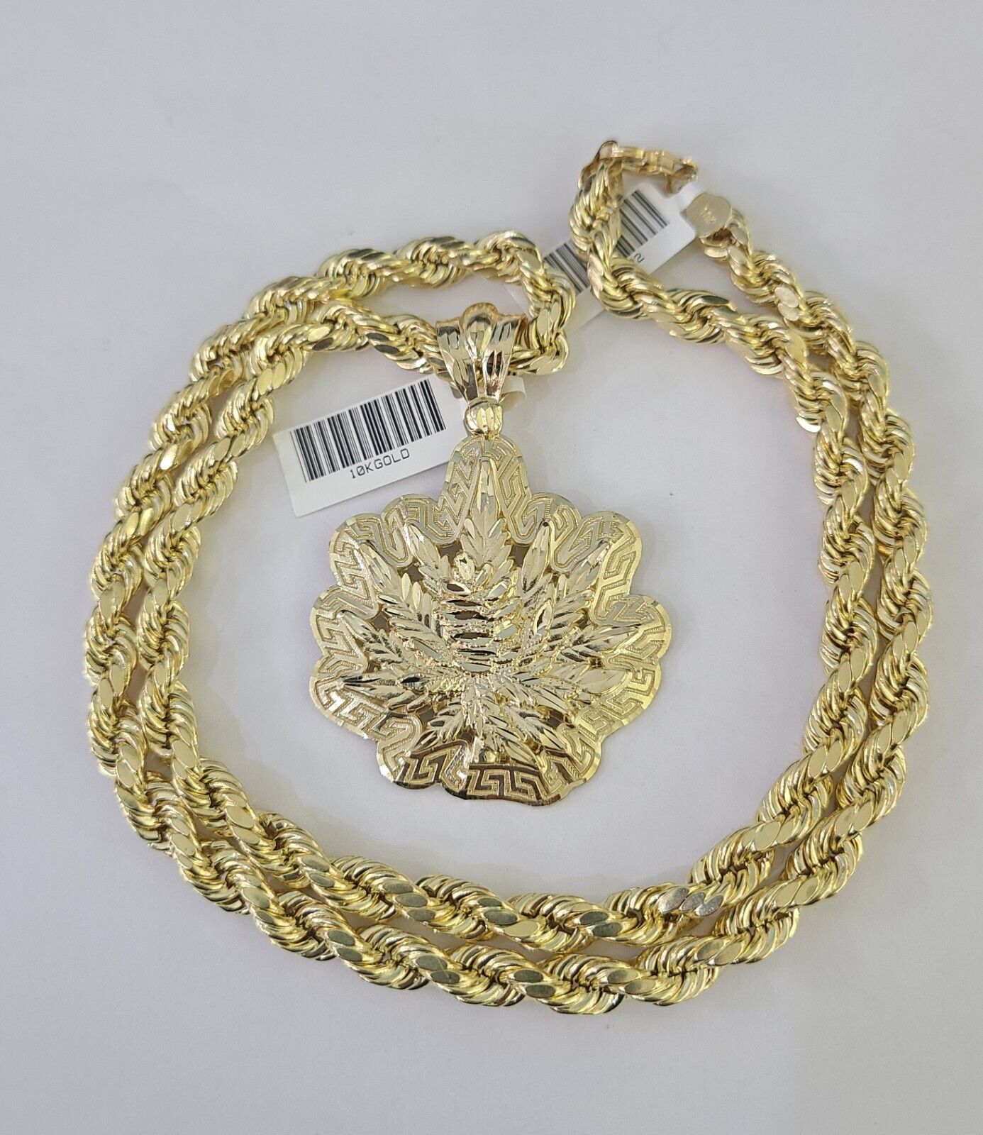 10k Yellow Gold Rope Chain Weed leaf Charm Pendant 18-30'' Inch 7mm  Necklace