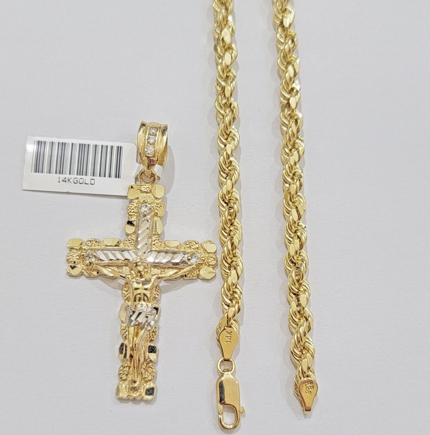 14k Gold Rope Chain Necklace Jesus Cross Charm Pendant Set 20-28" inch 5mm, REAL