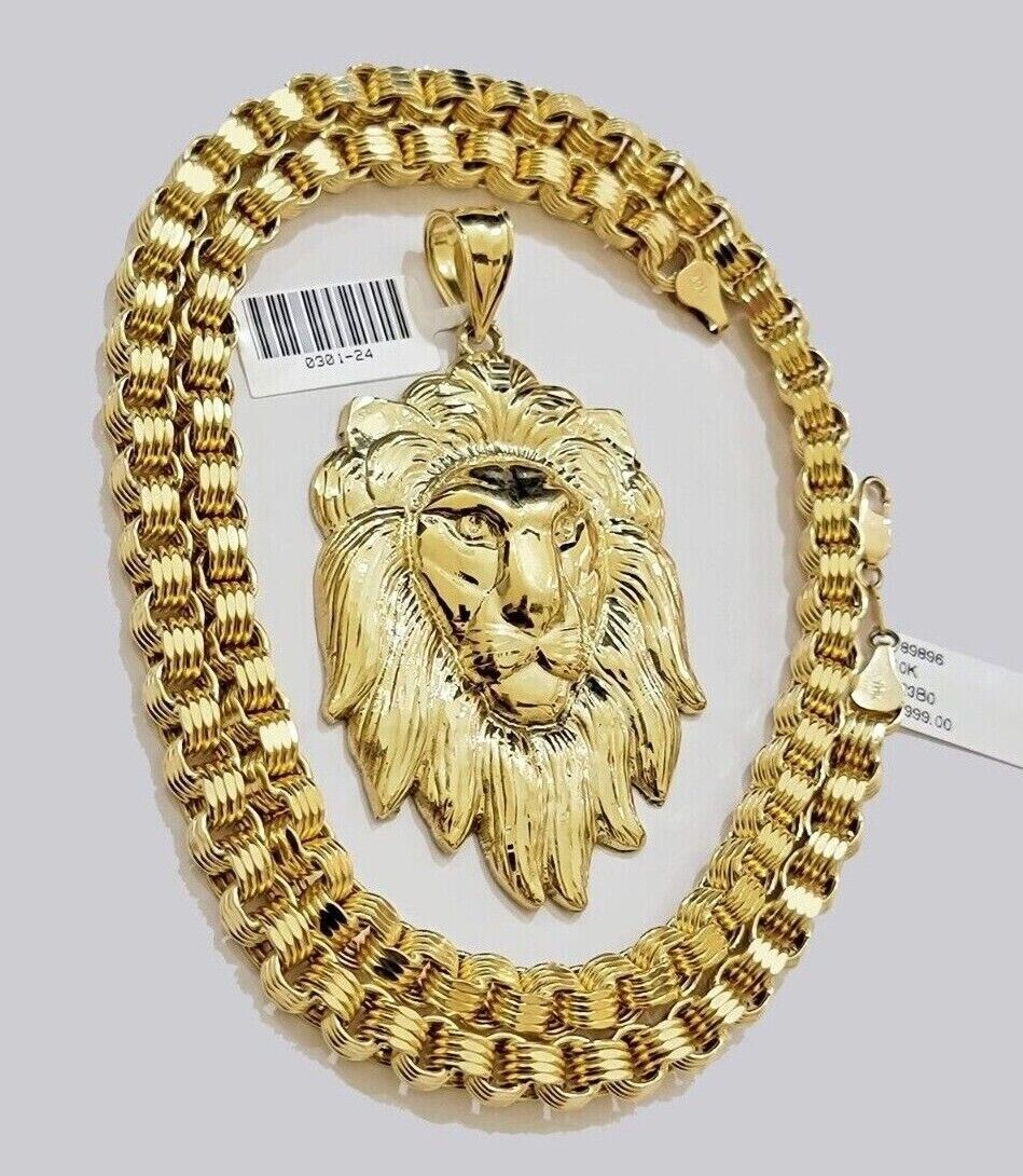 Real 10kt Gold Box Byzantine Necklace Lion Charm Pendant SET Chain 6mm 24 Inches