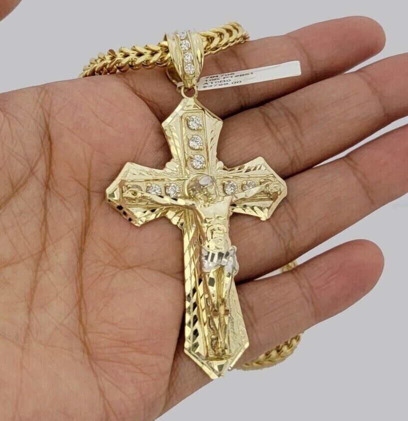 10k Yellow Gold Franco Chain Necklace Jesus Cross Charm Pendant 5mm 20-26 Inches