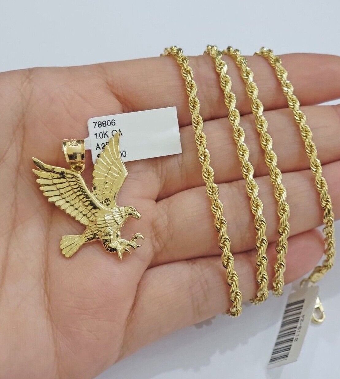 10k Yellow Gold Rope Chain Eagle Charm Pendant Set 18