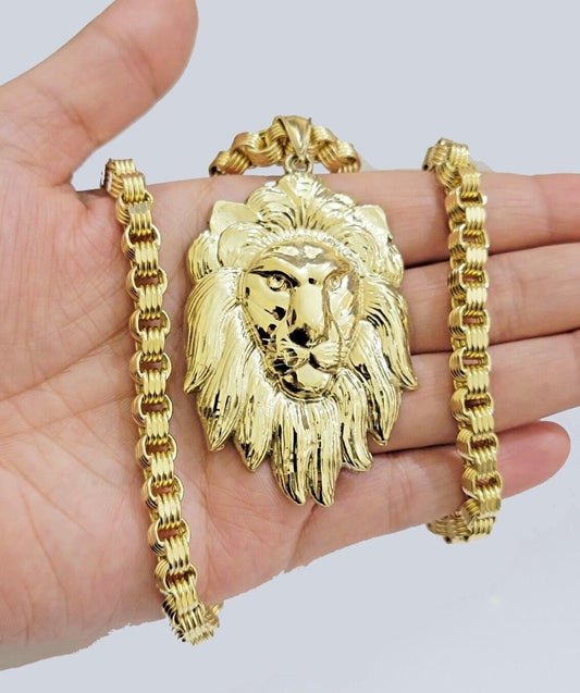 Real 10kt Gold Box Byzantine Necklace Lion Charm Pendant SET Chain 22 Inches 6mm