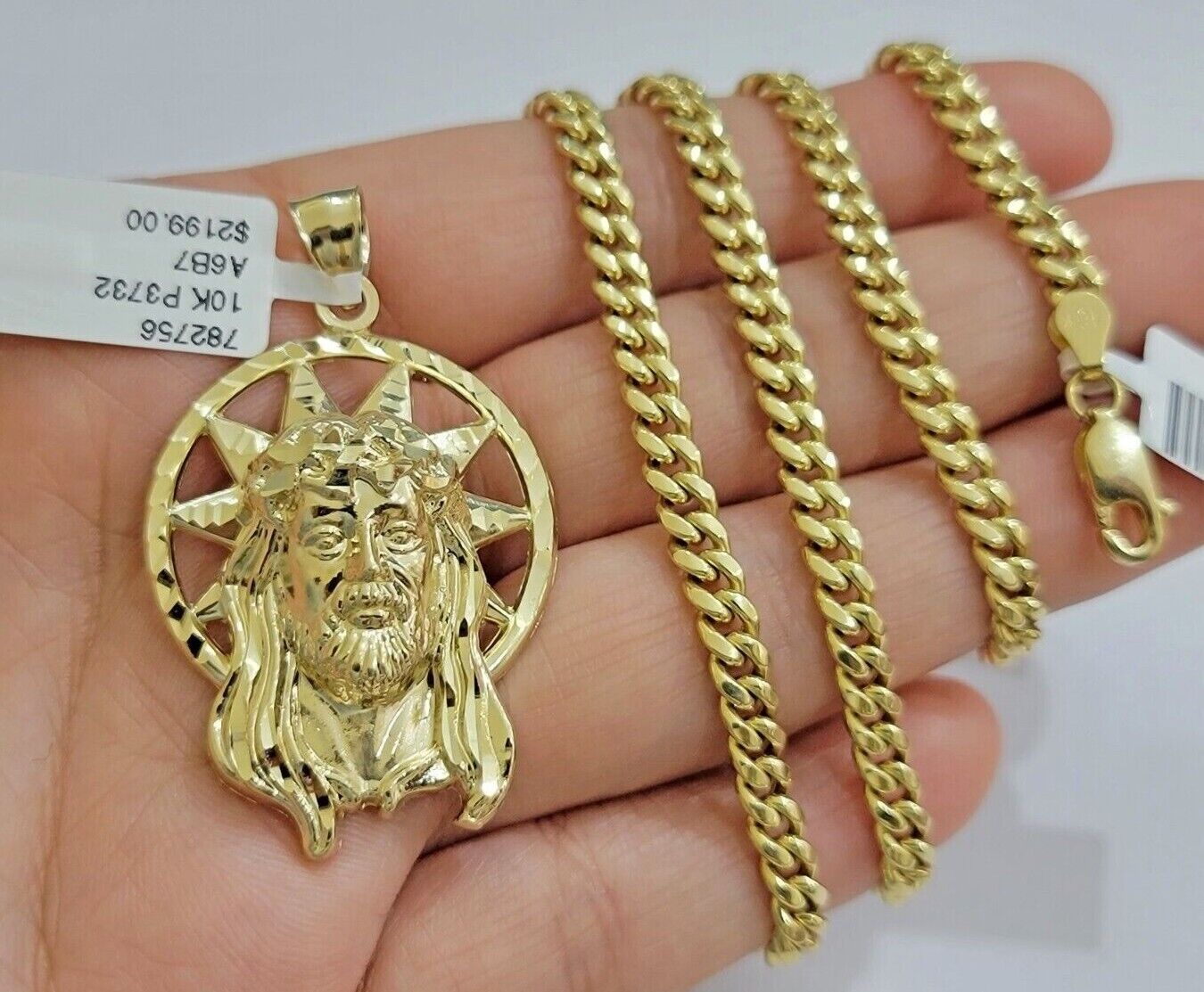 10kt Gold Miami Cuban Chain Jesus Head Charm Pendant Set 18-28 Inch 5mm Necklace