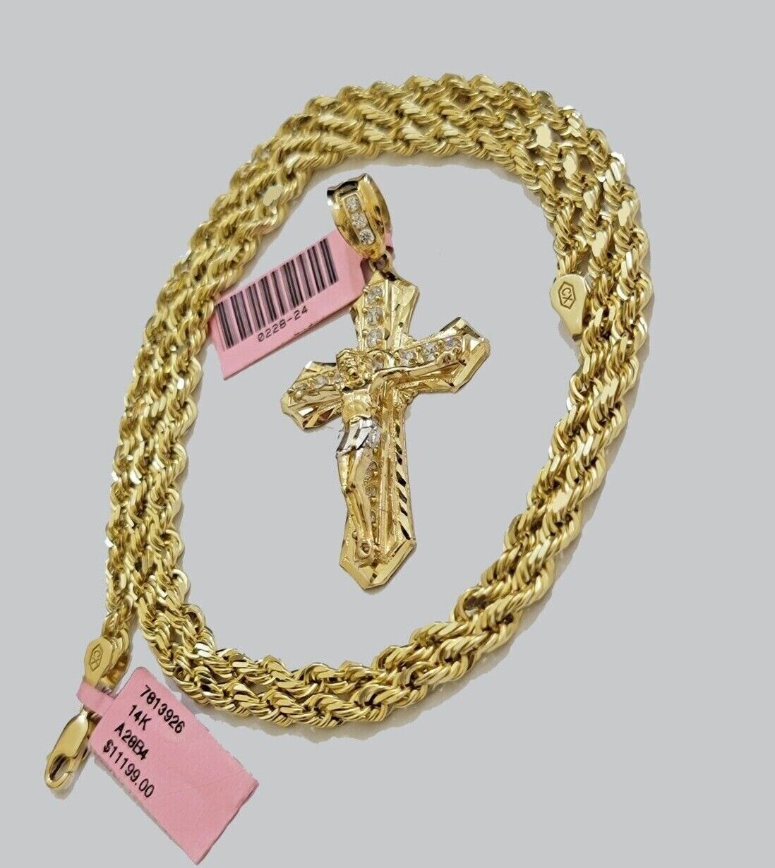 Solid 14k Gold Rope Chain Necklace Jesus Cross Charm CZ Pendant 30 Inch 4mm SALE