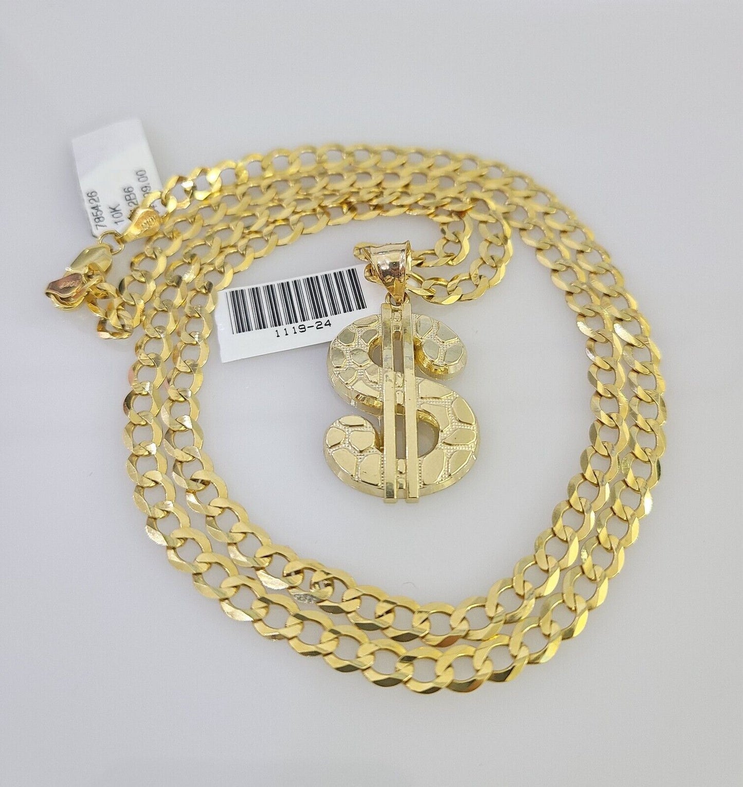 10k Gold Chain Necklace Dollar Pendant Set Cuban Curb 5mm 20"-28" Charm