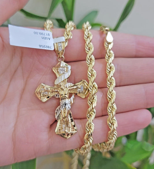 10k Gold Rope Chain Necklace Jesus Cross Charm Pendant Set 18-28" inch 5mm, REAL