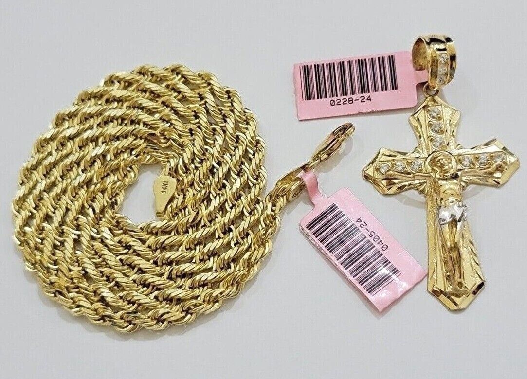 Solid 14k Gold Rope Chain Necklace Jesus Cross Charm CZ Pendant 30 Inch 4mm SALE