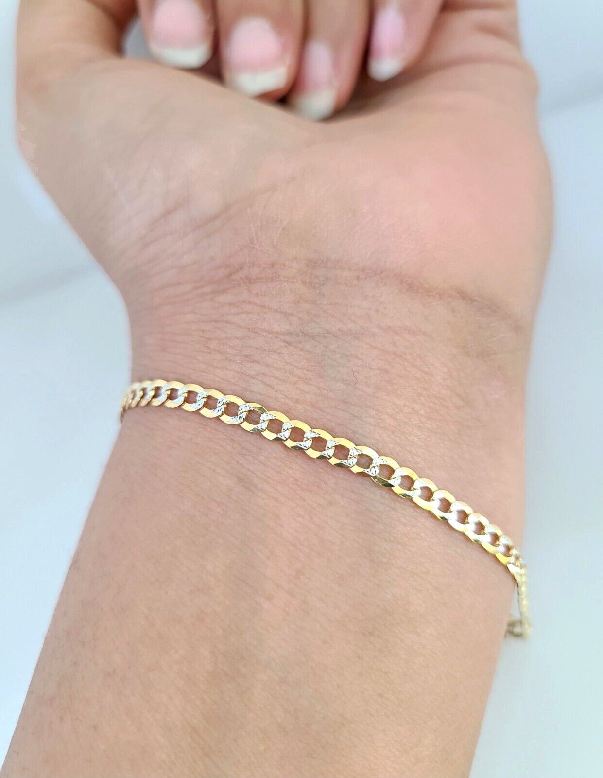 Solid 14kt Cuban Curb Two-Tone Bracelet 3mm 8'' Inch Real 14k Yellow Gold