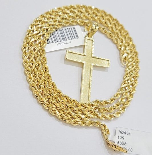 10k Gold Rope Chain Cross Charm Pendant Set 18"-28" inch 3mm Necklace, REAL 10KT