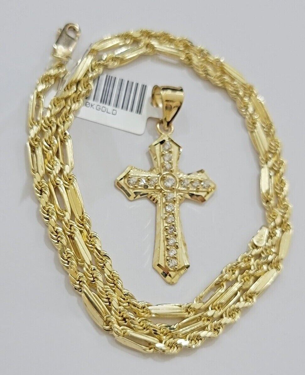 10kt Gold Milano Rope Chain Jesus Cross Charm Pendant Set 18-24'' Inch Necklace