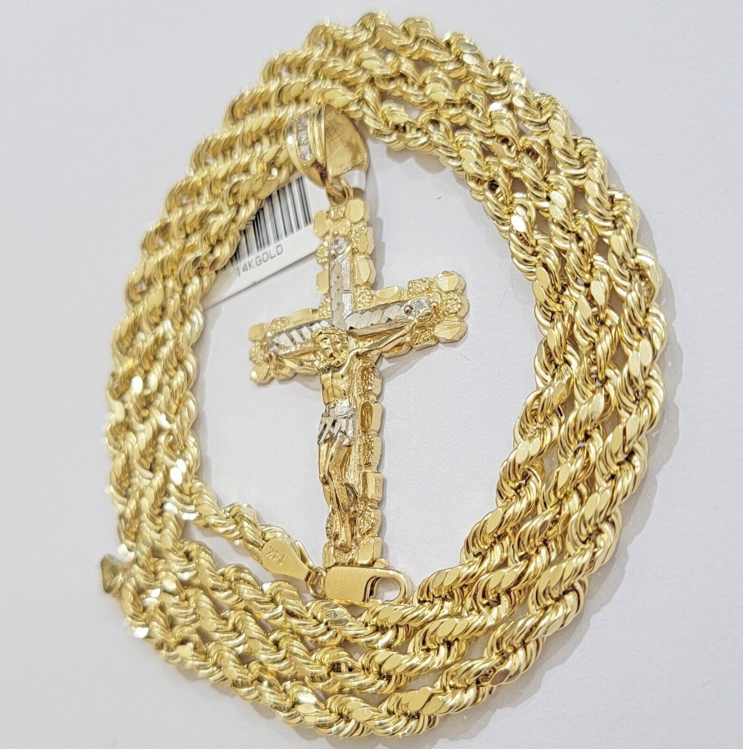 Rope Chain Cross Charm Pendant Set 14k Gold Necklace 20"-28" Inch 5mm, REAL 14KT