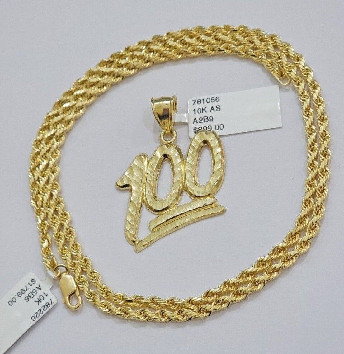 10k Yellow Gold Rope Chain 100 Charm Pendant Set 22 Inch 3mm Necklace REAL SALE
