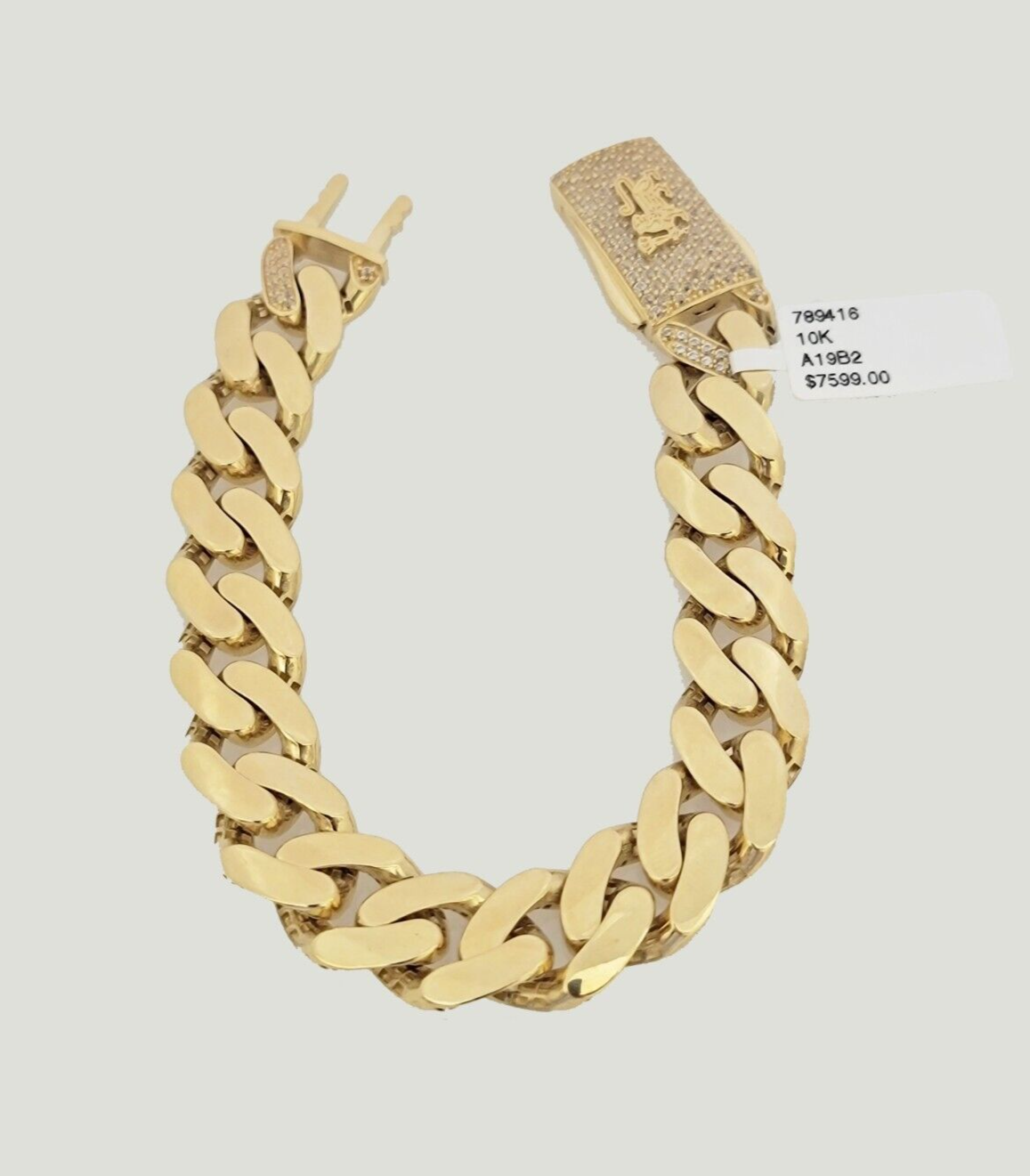 10k Yellow Gold Monaco Style Bracelet 7.5 Inches 13mm Real 10kt CZ Lock For SALE