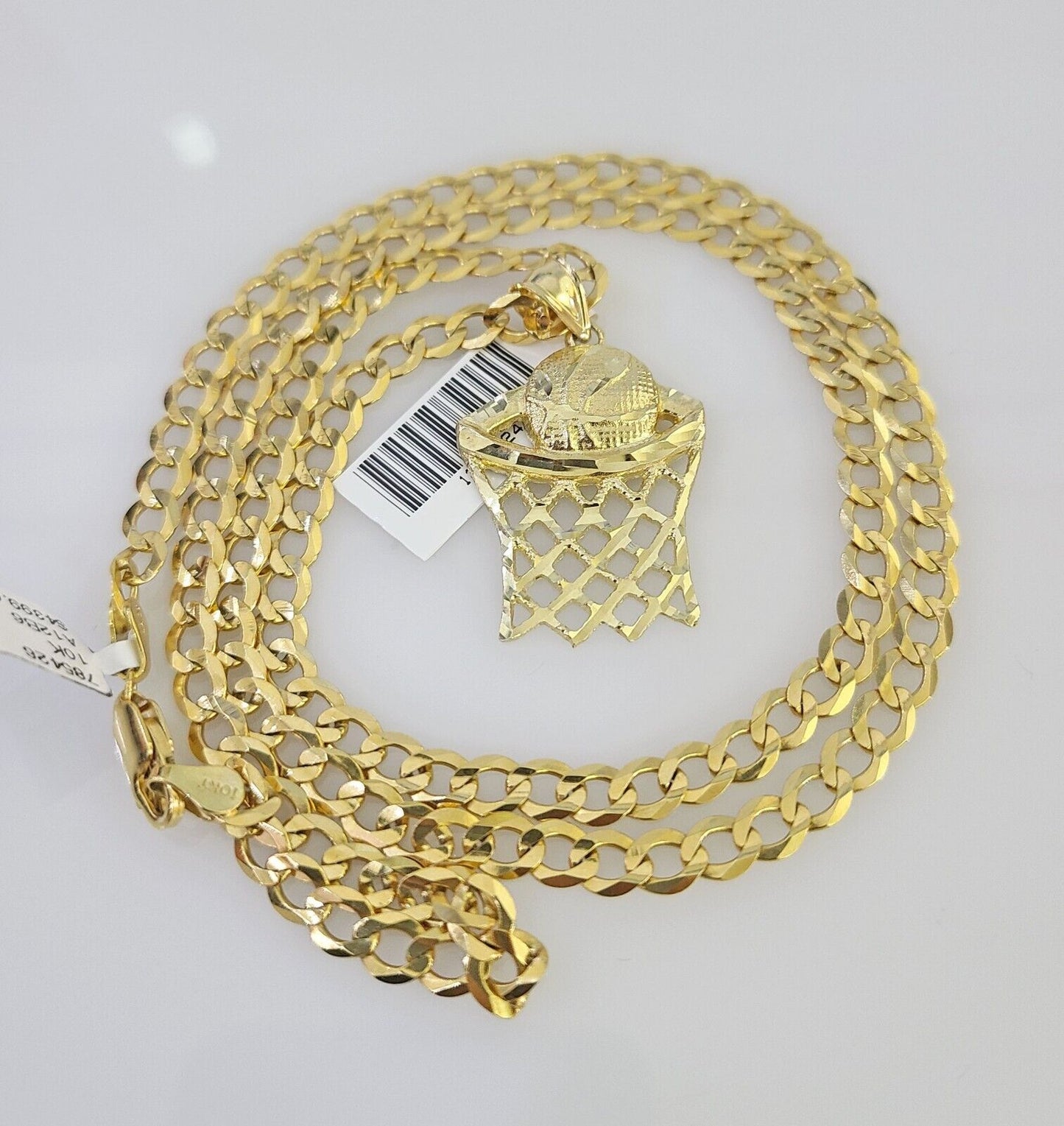 10k Gold Chain Necklace Basket Ball Pendant Set Cuban Curb 5mm 20"-28" Charm