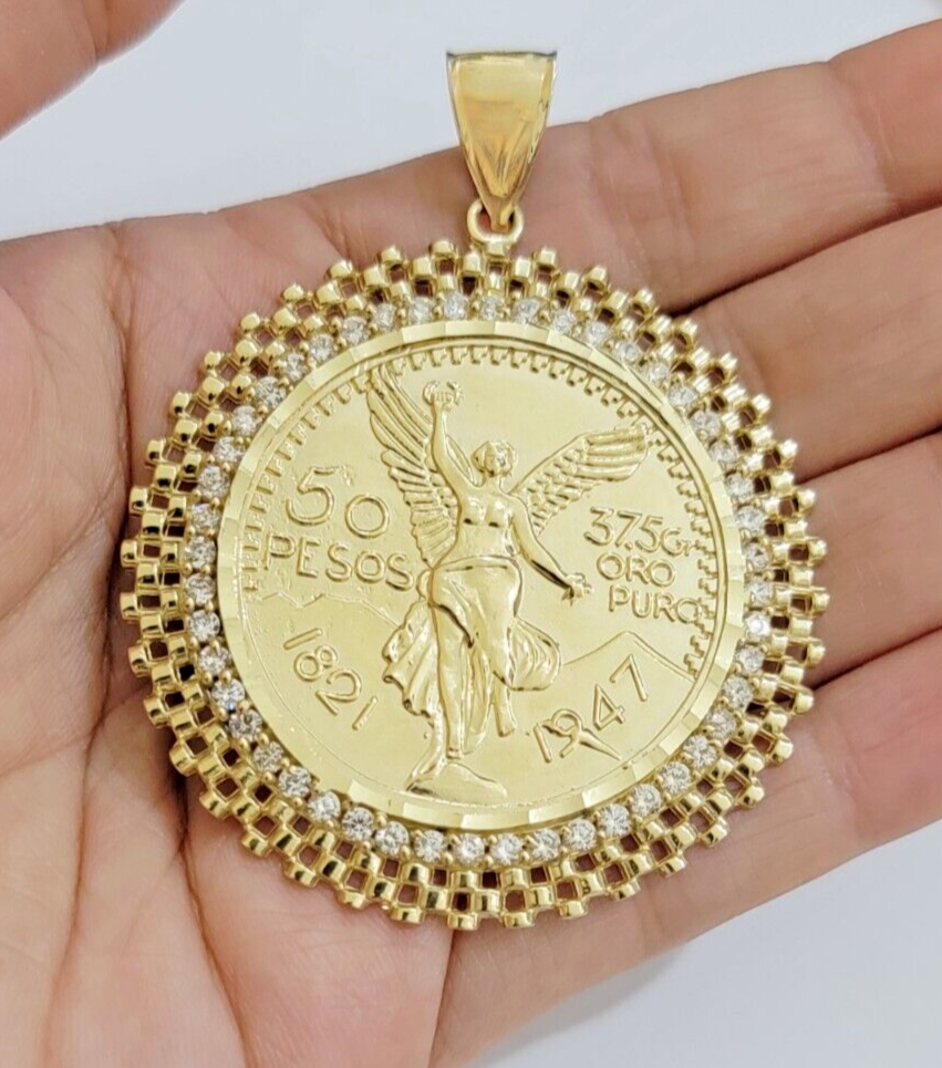 10kt Gold 1947 Mexican Centenario Coin Charm Pendant 50 pesos With 10k Bezel NEW