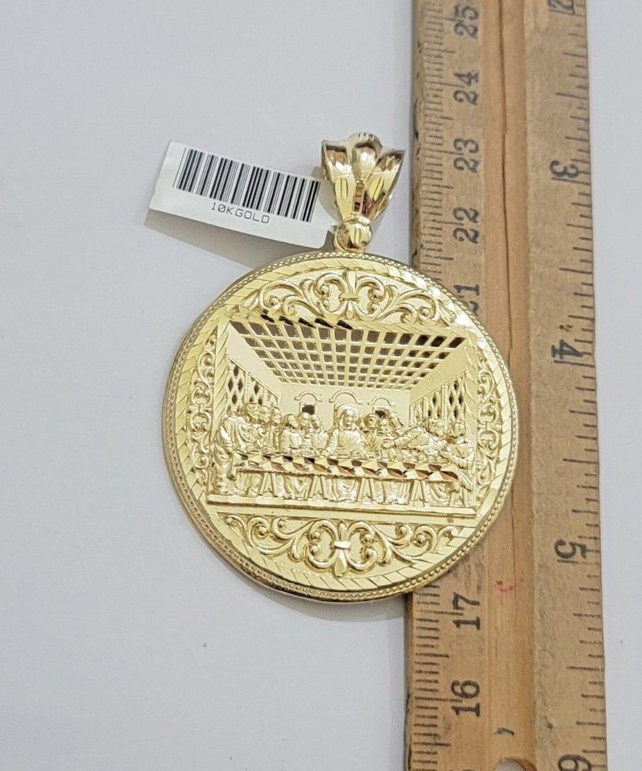 10kt Yellow Gold Franco Chain Necklace Last Supper Charm Pendant 3mm 18