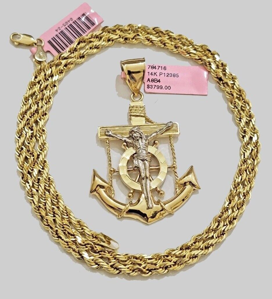 Solid 14k Gold Rope Chain Necklace Jesus Anchor Charm Pendant  20