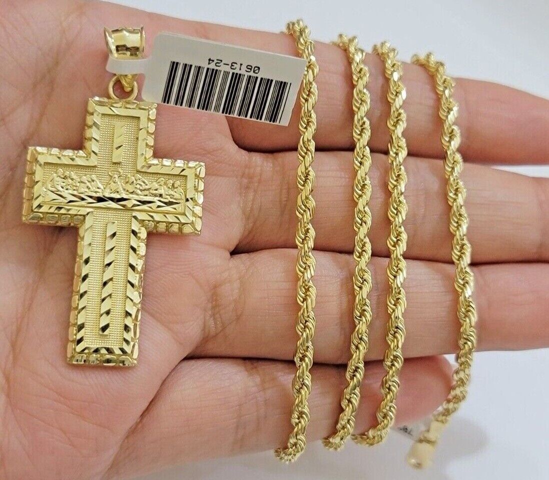 10k Yellow Gold Rope Chain Last Supper Cross Charm Pendant 18-28'' Inch Necklace