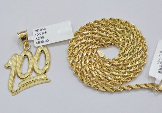 10k Yellow Gold Rope Chain 100 Charm Pendant Set 18"-28 Inch 3mm Necklace REAL