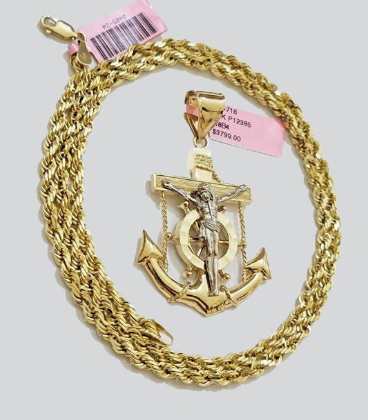 Real 14k Solid Gold Rope Chain Necklace Jesus Anchor Charm Pendant 30 Inches 4mm