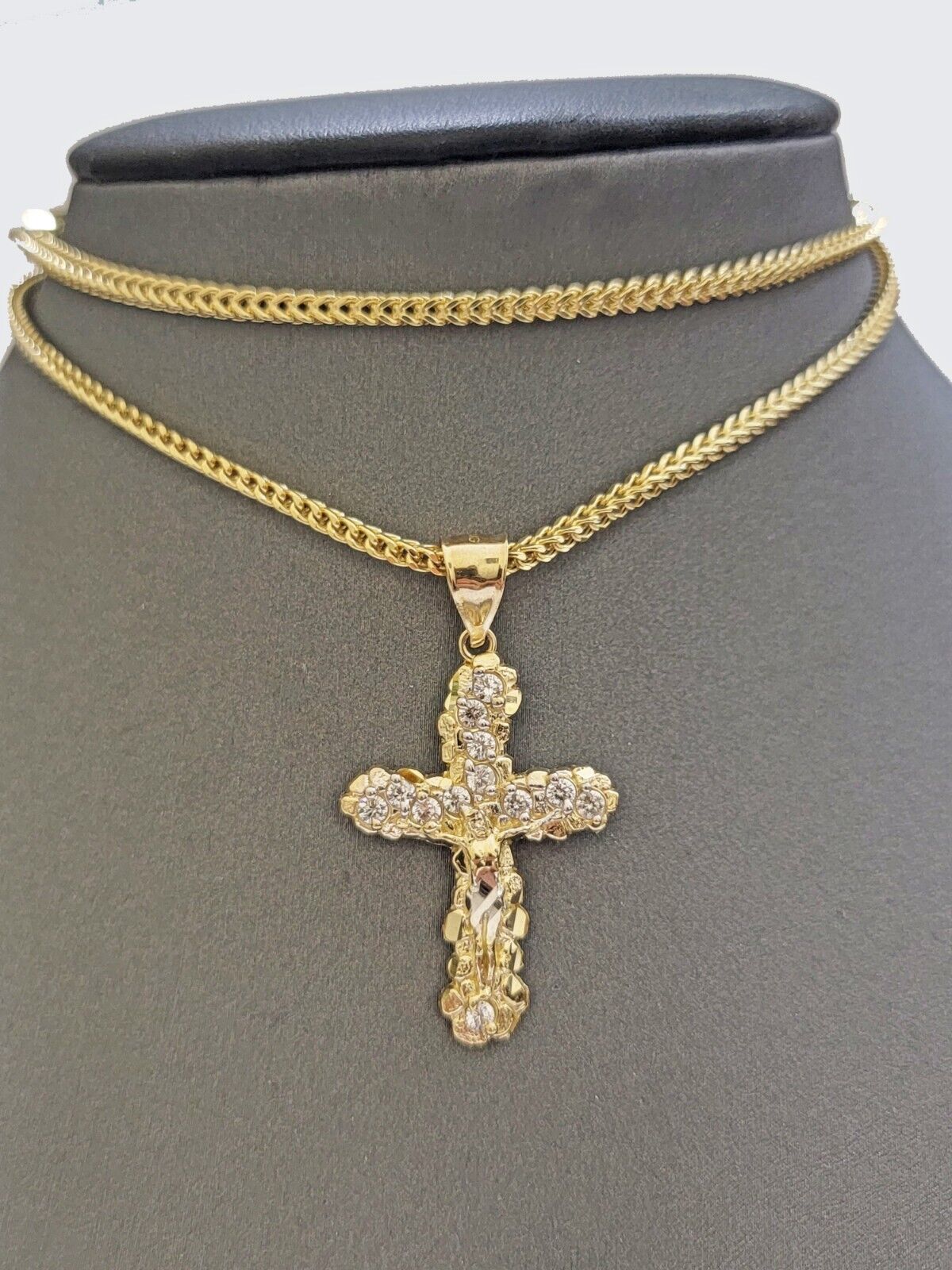 Real 10k Gold Jesus Cross Charm Chain Set Franco Necklace 2.5mm 18-24