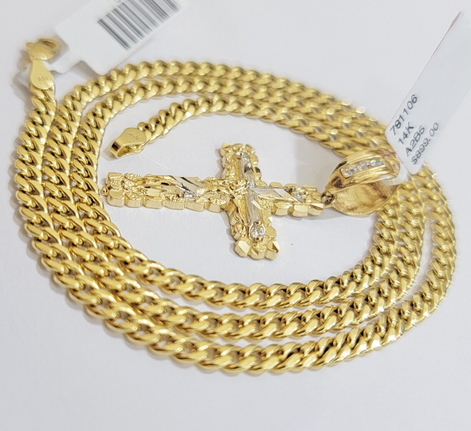 Real 14k Gold Chain & Cross pendant Set 14kt Miami Cuban Link Chain 4mm & Cham