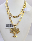 10k Gold Chain Necklace Money Tree Pendant Set Cuban Curb 5mm 20"-28" Charm