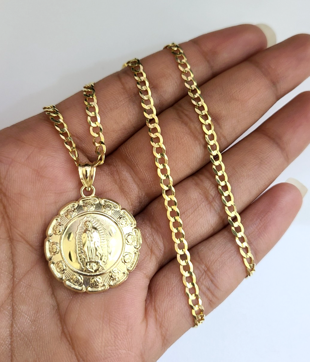 10k Yellow Gold Solid Cuban Curb Chain Virgin Mary Pendant Charm