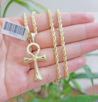 10k Gold Rope Chain Ankh Cross Charm Pendant Set 18"-28" inch 3mm Necklace, REAL