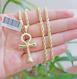 10k Gold Rope Chain Ankh Cross Charm Pendant Set 18"-28" inch 3mm Necklace, REAL