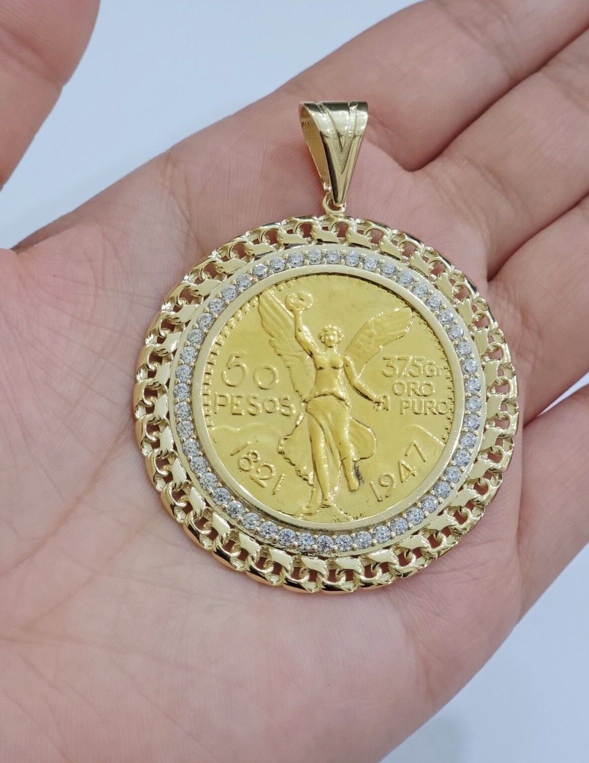 10k Gold Mexican Centenario Copy Coin Charm 50 Pesos Bezel 10kt Pendant Replica