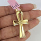 Real 14k Gold Chain Ankh Cross Pendant Set 14kt Miami Cuban Link Chain 5mm Charm