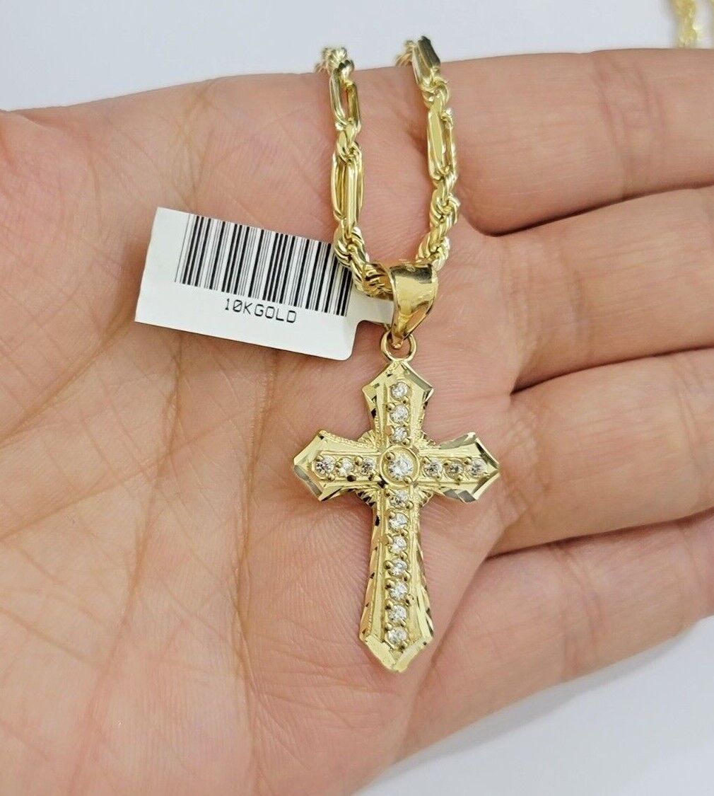 10kt Gold Milano Rope Chain Jesus Cross Charm Pendant Set 18-24'' Inch Necklace