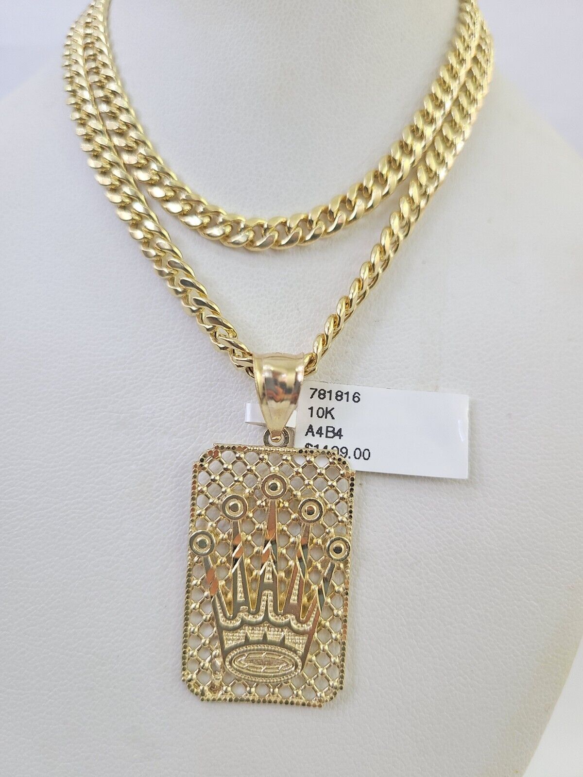 10k Gold Chain Crown Pendant Set Miami Cuban link Necklace 5mm 20"-30" Charm