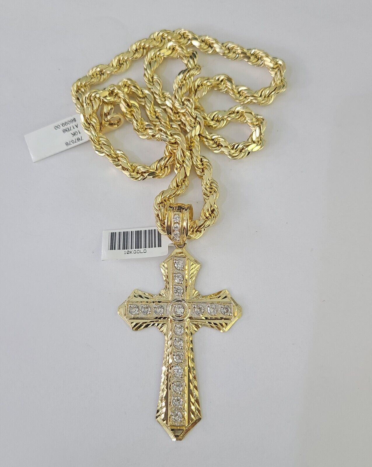 10k Yellow Gold Rope Chain Jesus Cross Charm Pendant 18-30'' Inch 7mm  Necklace