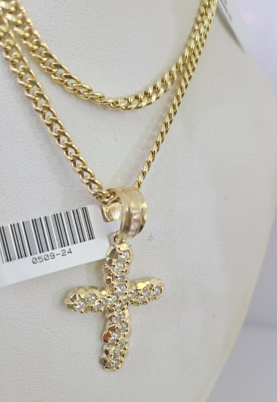 10k Gold Chain Jesus Cross Pendant Set Miami Cuban Necklace 4mm 18"-26" Charm