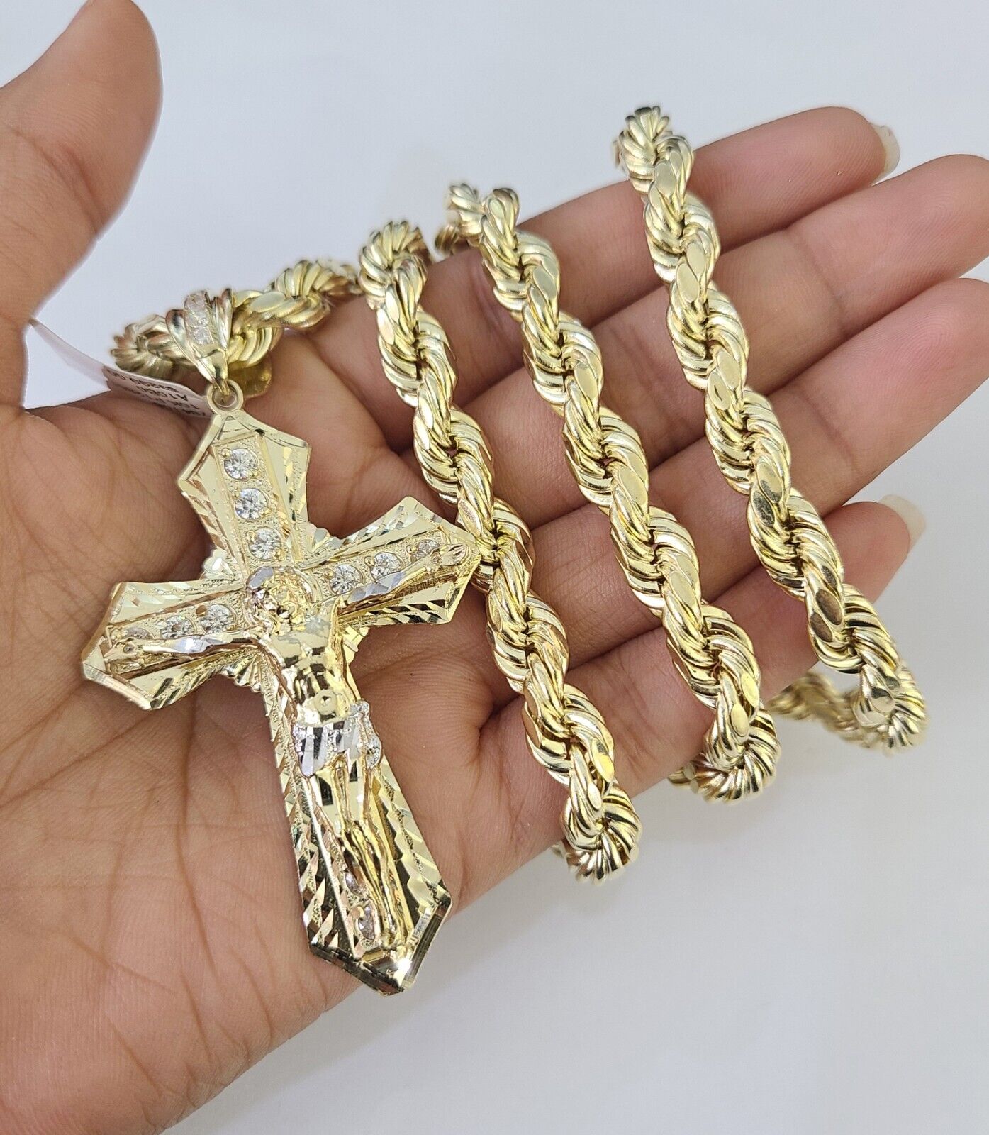 10k Yellow Gold Rope Chain Jesus Cross Charm Pendant 18-30'' Inch 8mm  Necklace