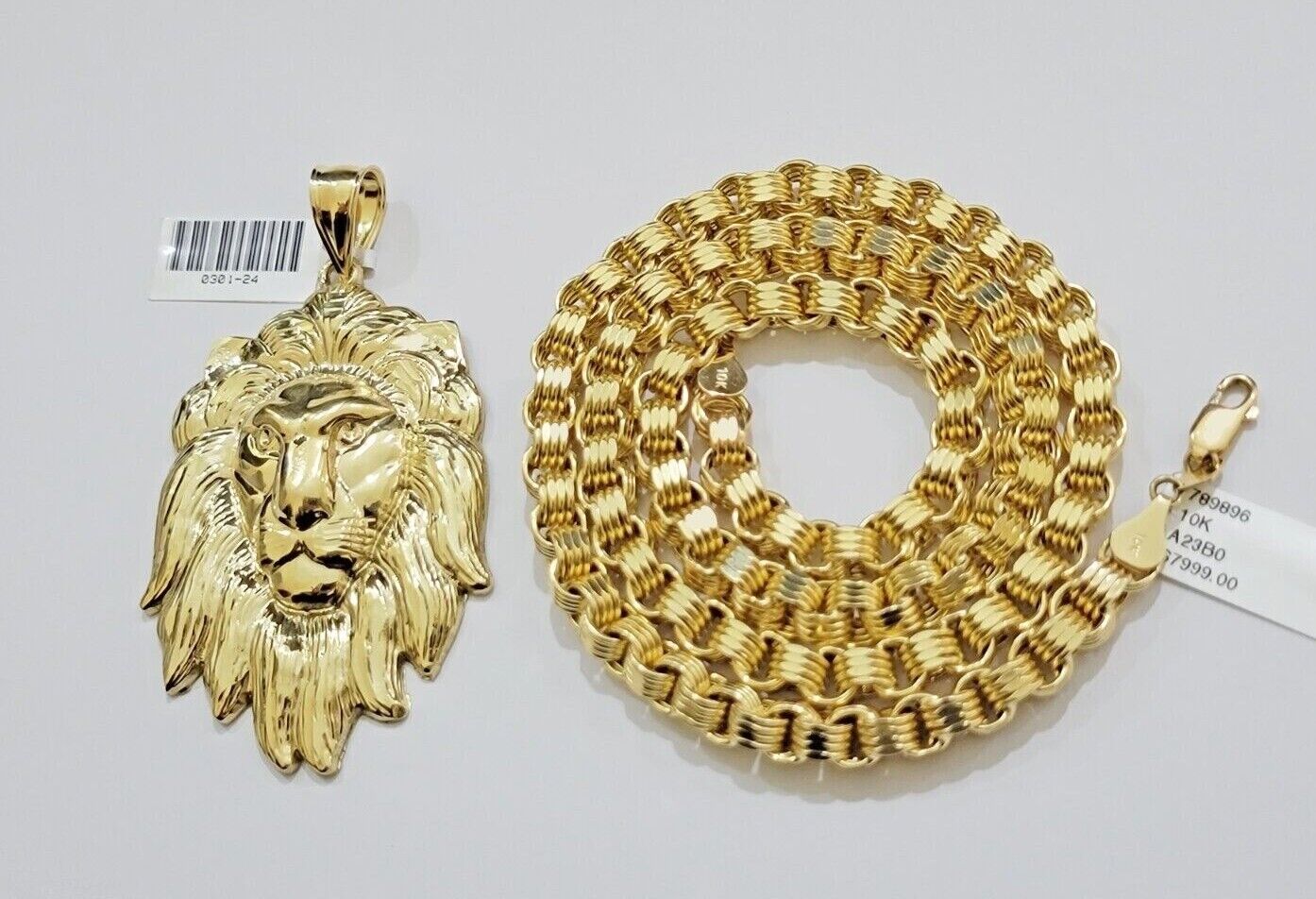 Real 10kt Gold Box Byzantine Necklace Lion Charm Pendant SET Chain 22 Inches 6mm