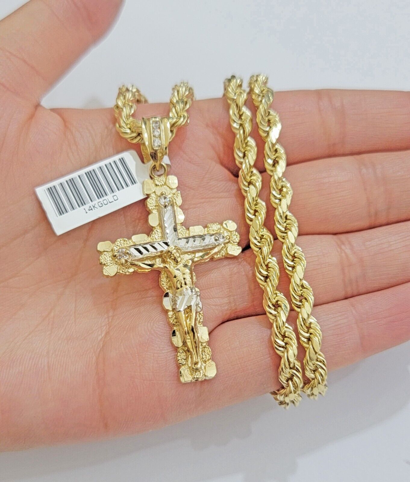 14k Gold Rope Chain Necklace Jesus Cross Charm Pendant Set 20-28