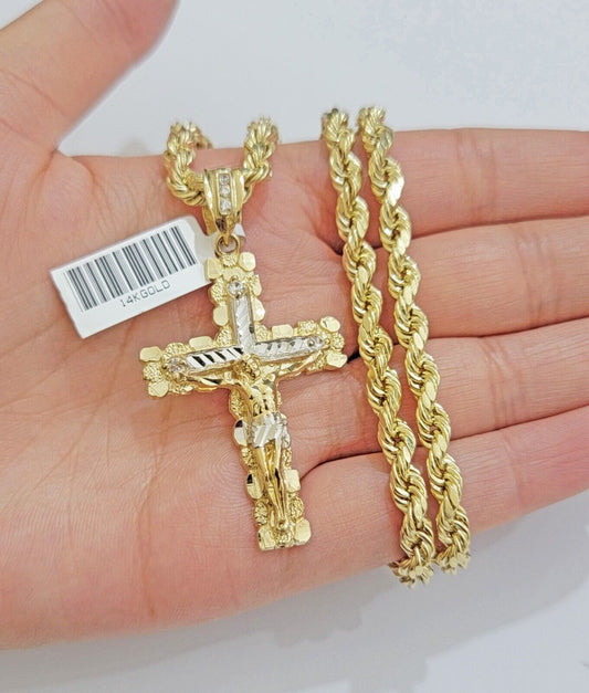 14k Gold Rope Chain Necklace Jesus Cross Charm Pendant Set 20-28" inch 5mm, REAL