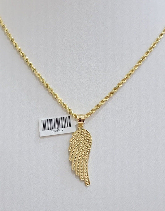 10k Gold Rope Chain Angel Wing Charm Pendant Set 18-28'' Inch 3mm Necklace REAL