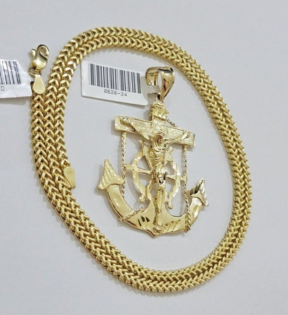 10k Yellow Gold Franco Chain Necklace Anchor Charm Pendant 3mm 18"-26" Inch SALE