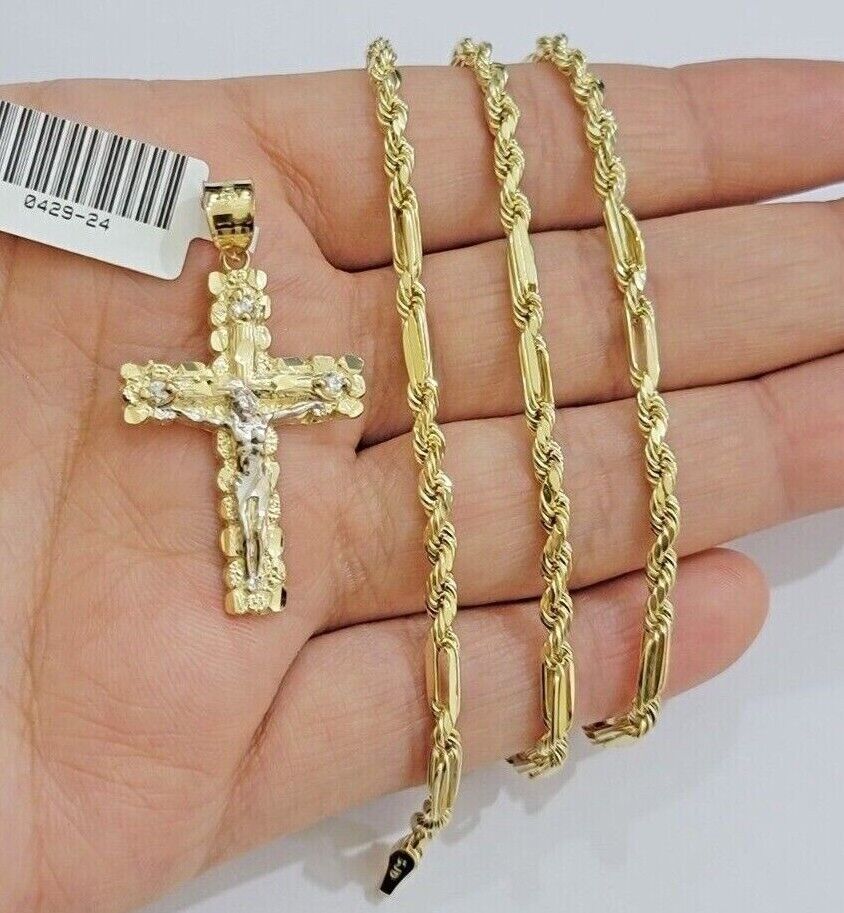 10kt Gold Milano Rope Chain Cross Charm Pendant Set 18-24 Inch 3mm Necklace REAL