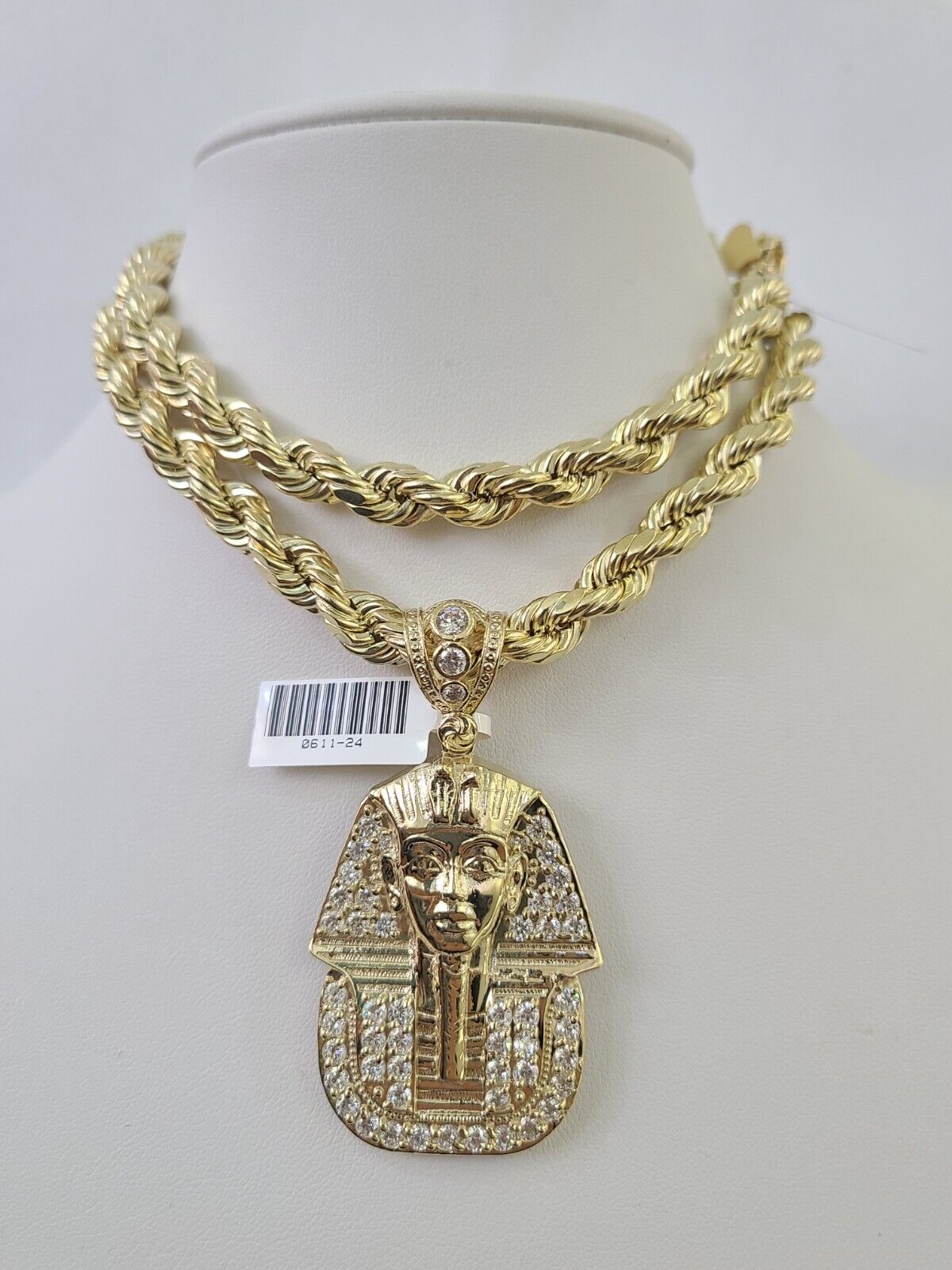 10k Yellow Gold Rope Chain Pharaoh Charm Pendant 18-30''Inch 8mm Necklace