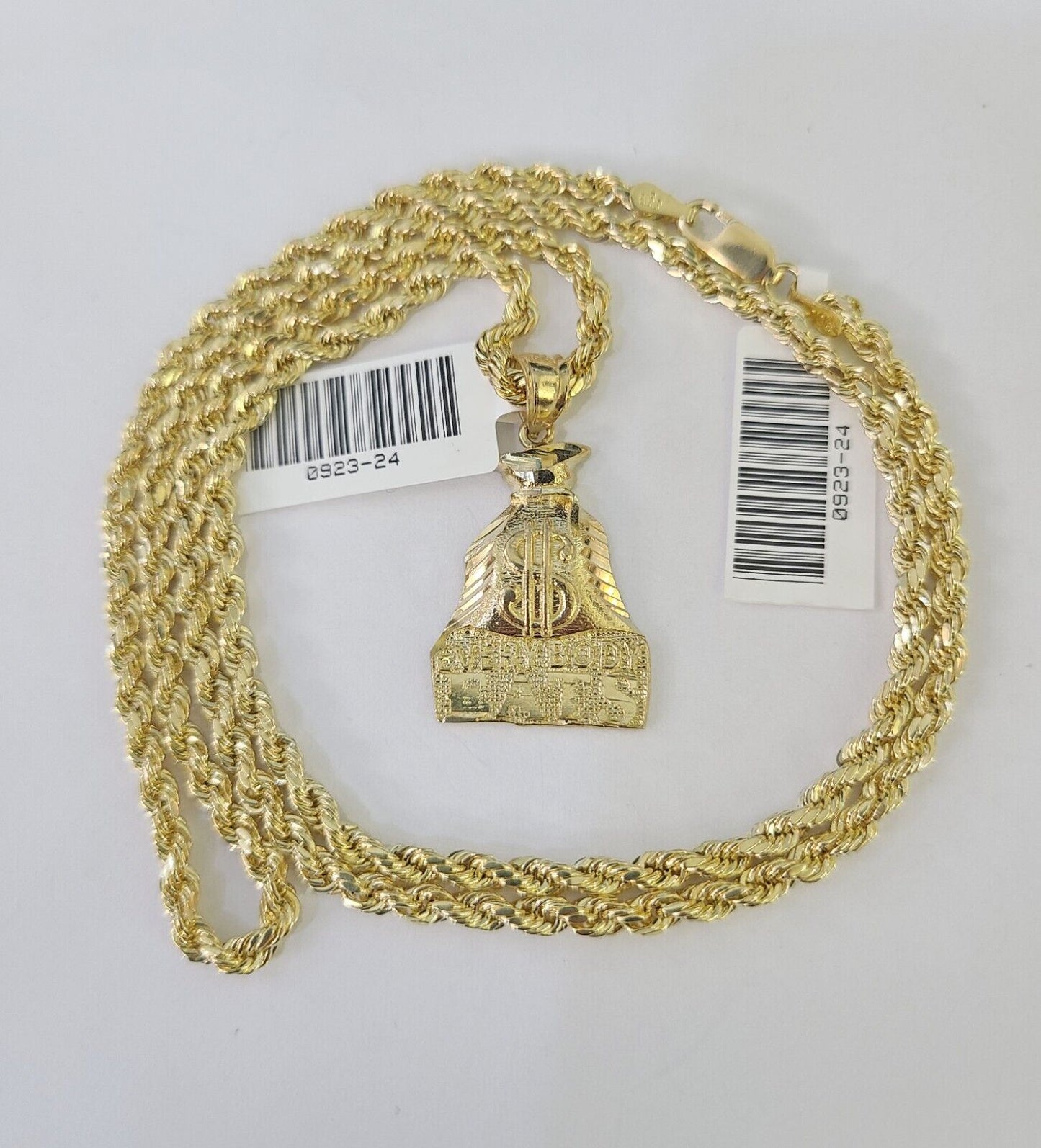 10kt Yellow Gold Rope Chain Everybody Eats Charm Pendant 18-28 Inch Necklace 3mm