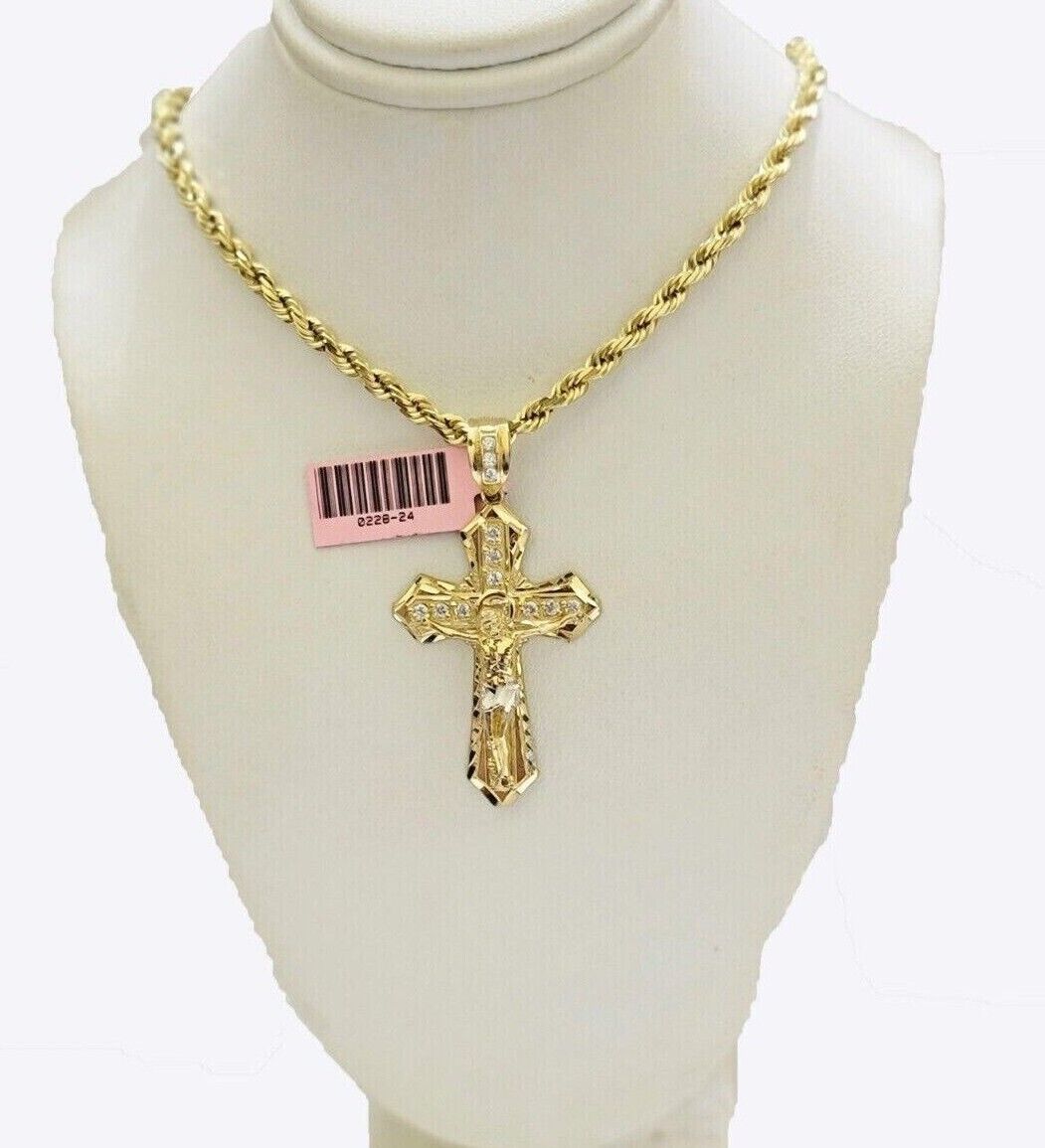 Solid 14kt Gold Rope Chain Necklace Jesus Cross Charm CZ Pendant  20-30 Inch 4mm