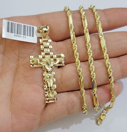 10k Gold Milano Rope Chain Jesus Cross Charm Pendant Set 18-24'' Inches Necklace