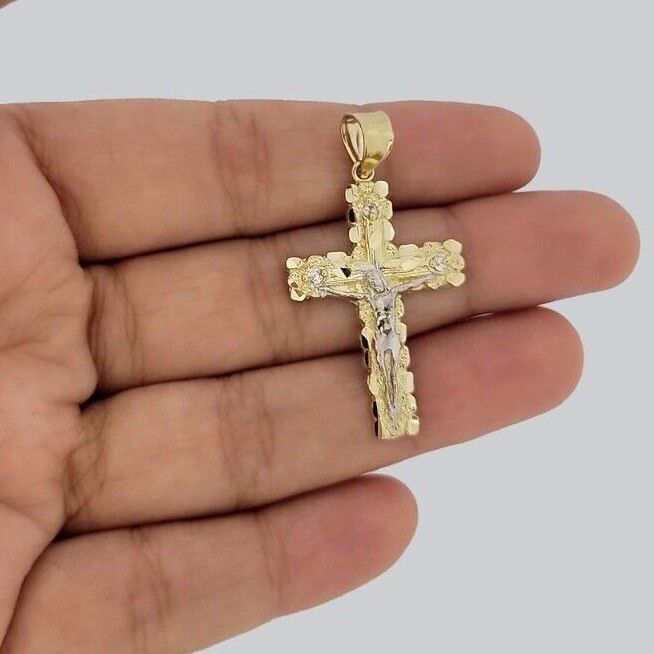 10k Gold Franco Chain Jesus Crucifix Cross Charm Pendant 2mm 16-24 Inch Necklace