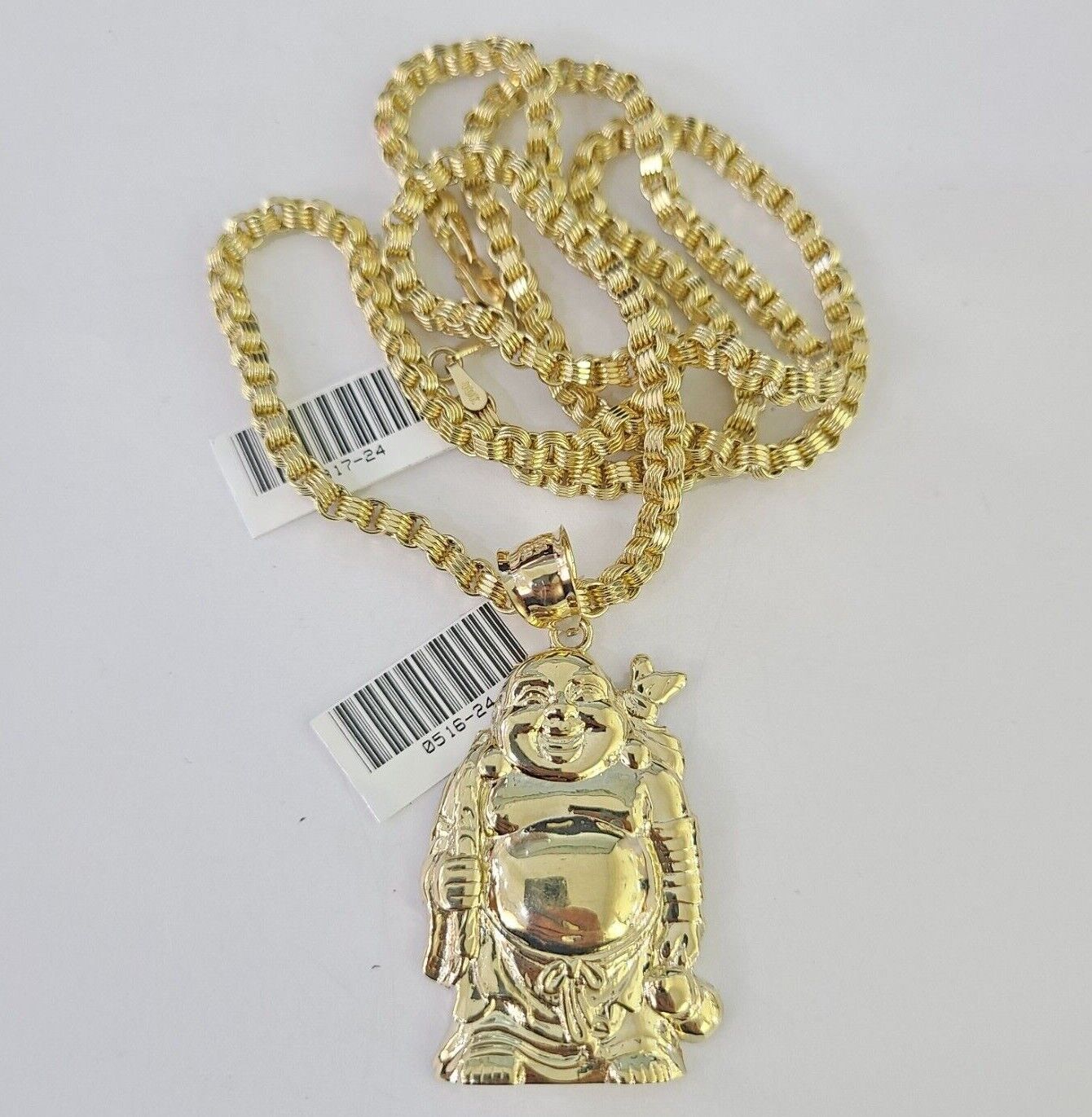 Real 10k Gold Byzantine Necklace Laughing Buddha Charm SET Chain 18"-30" 3mm