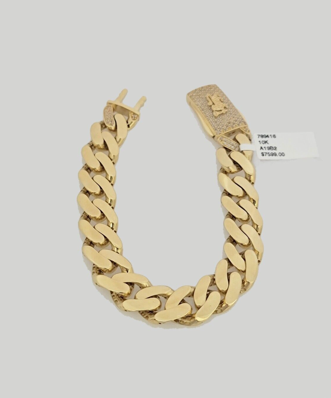 10k Yellow Gold Monaco Style Bracelet 7.5 Inches 13mm Real 10kt CZ Lock For SALE